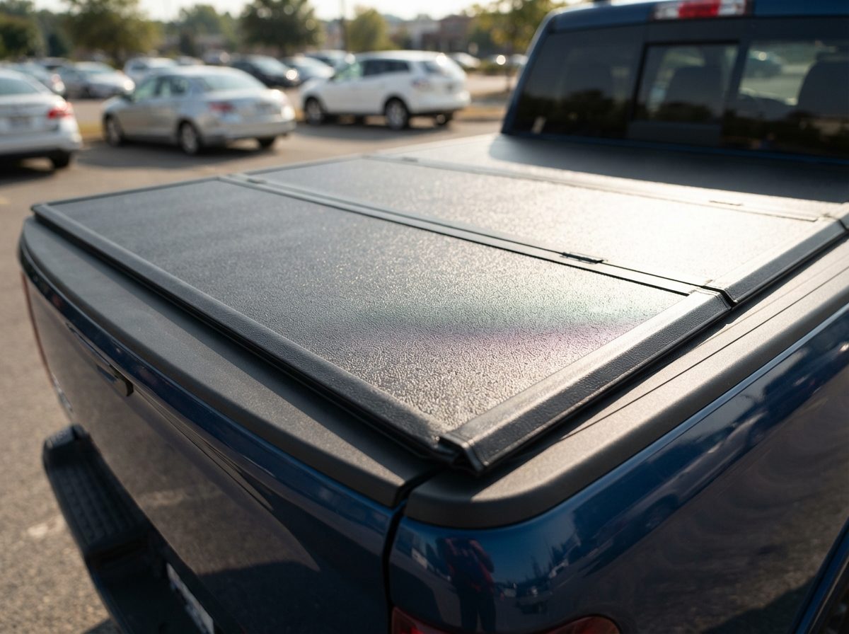 A vinyl tonneau cover installed on a pickup truck bed under bright sunlight.